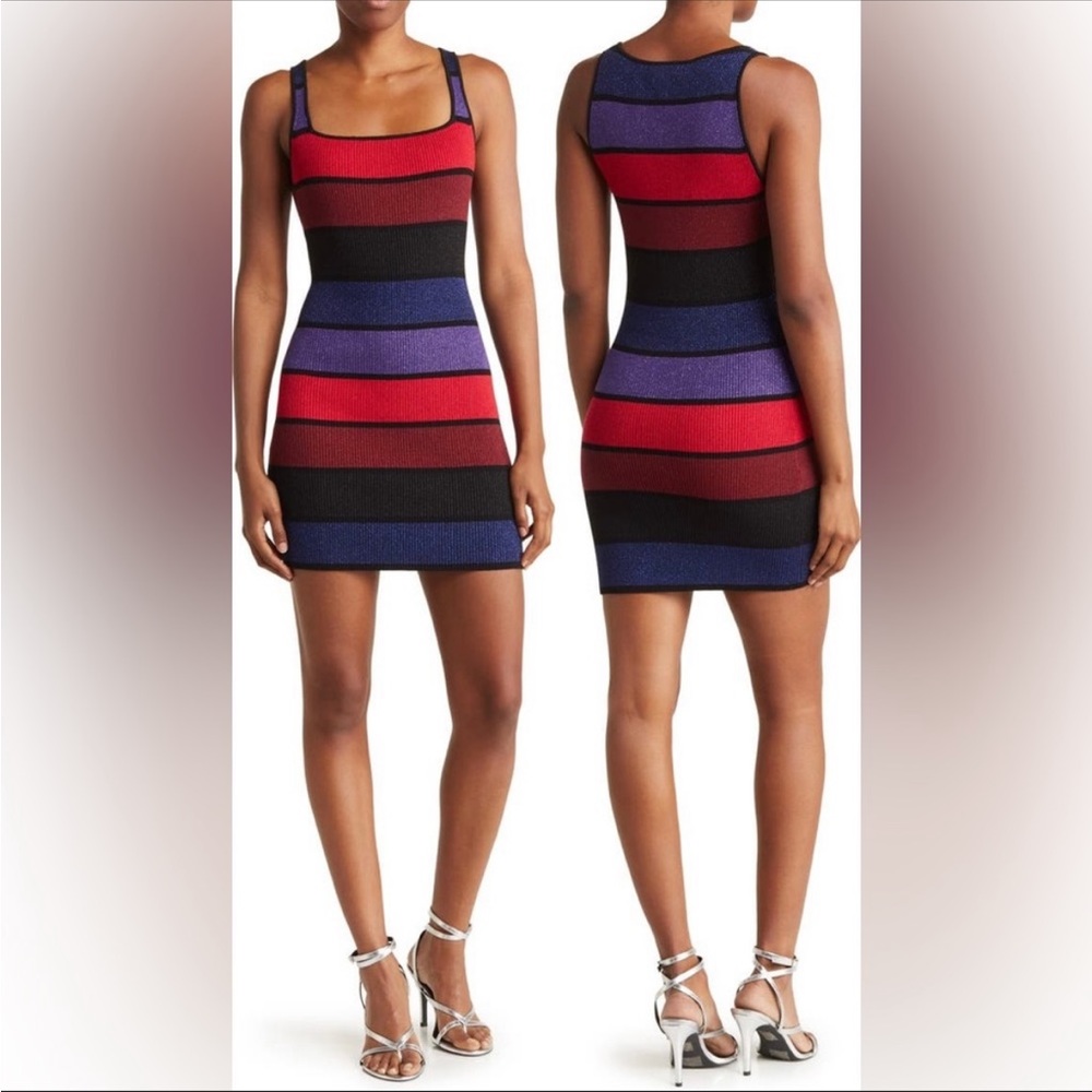 Ronny Kobo NEW stripe knit colorblock sleeveless metallic bodycon mini dress, M